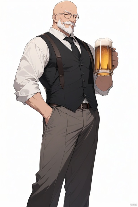  (best quality), ((masterpiece)), (highres), illustration, original, extremely detailed,jjj, bald, 1boy, male focus, solo, mug, facial hair, cup, mature male, necktie, beard, beer mug, hand in pocket, old man, pants, glasses, holding, shirt, holding cup, full body, black vest, muscular male, bara, old, smile, muscular, vest, white background, black necktie, white hair, pectorals, formal, white shirt, closed eyes