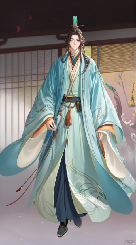  (best quality), ((masterpiece)), (highres), illustration, original, extremely detailed,yuan, 1boy, solo, male focus, chinese clothes, hanfu, white background, long hair, full body, standing, simple background, looking at viewer, holding, long sleeves, green eyes, hair ornament, wide sleeves, robe, smile, brown hair, black hair, tassel