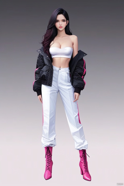 (best quality), ((masterpiece)), (highres), illustration, original, extremely detailed wallpaper.1girl, solo, black hair, long hair, white pants, pants, jacket, pink footwear, breasts, strapless, full body, midriff, off shoulder, boots, looking at viewer, standing, cleavage, tube top, medium breasts, gradient background, black jacket