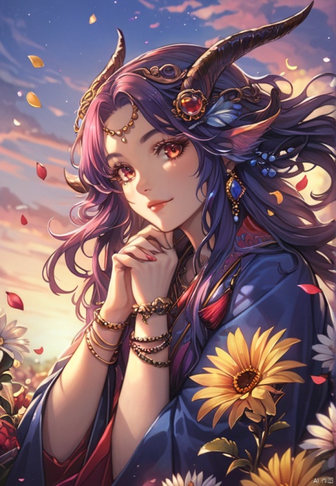  (best quality), ((masterpiece)), (highres), illustration, original, extremely detailed,yyy, 1girl, solo, flower, long hair, jewelry, bracelet, yellow eyes, looking at viewer, petals, sky, horns, hair ornament
