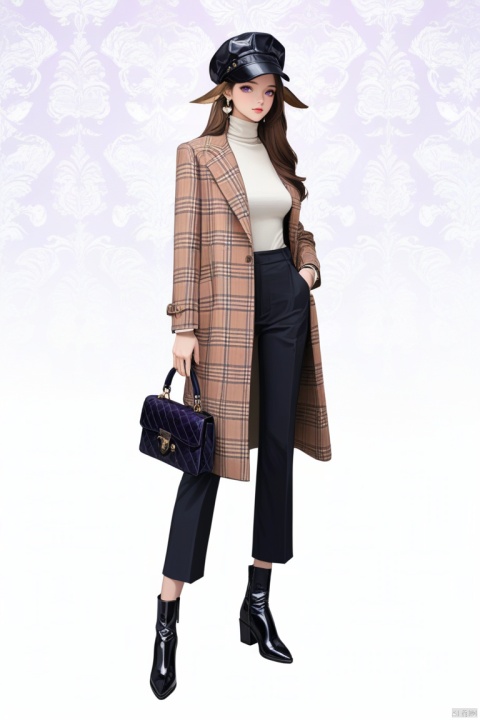 (best quality), ((masterpiece)), (highres), illustration, original, extremely detailed wallpaper.1girl, solo, bag, white background, hat, purple eyes, handbag, long hair, simple background, full body, brown hair, black headwear, looking at viewer, holding bag, jewelry, fashion, coat, black footwear, standing, black pants, pants, animal ears, long sleeves, holding, turtleneck, earrings, boots