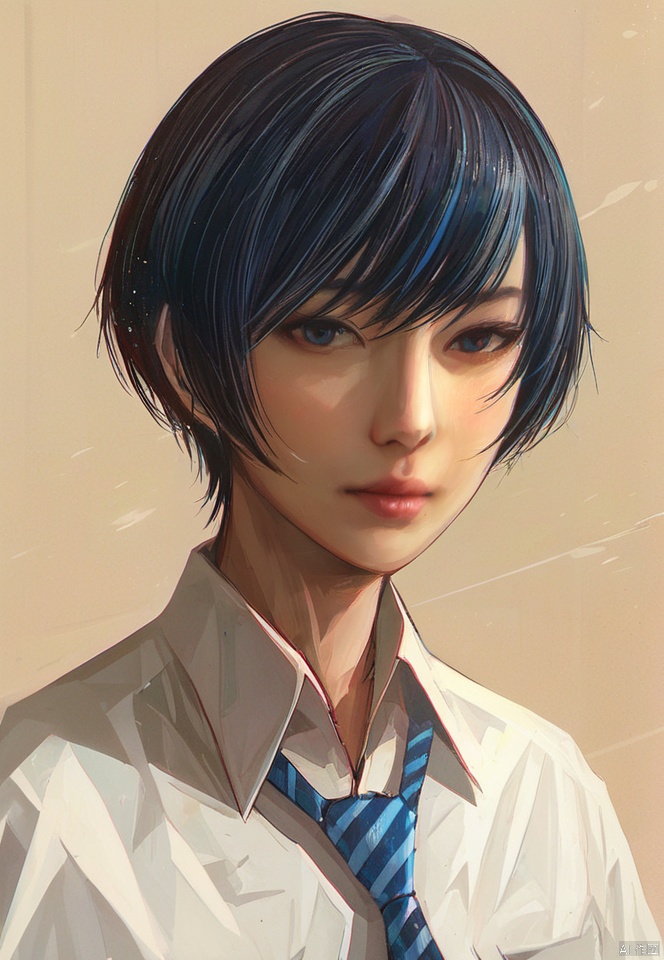  (best quality), ((masterpiece)), (highres), illustration, original, extremely detailed,1girl, solo, wing collar, shirt, necktie, collared shirt, looking at viewer, white shirt, blue necktie, nose, striped necktie, upper body, short hair, closed mouth, black hair, diagonal stripes, striped