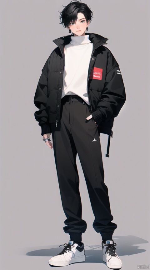 (best quality), ((masterpiece)), (highres), illustration, original, extremely detailed wallpaper.jjj, solo, 1boy, shoes, male focus, black hair, pants, grey background, jacket, black eyes, simple background, black pants, sweater, full body, standing, white footwear, sneakers, looking at viewer, black jacket, short hair, turtleneck, jewelry, androgynous, long sleeves, white sweater, closed mouth, fashion, earrings, ring