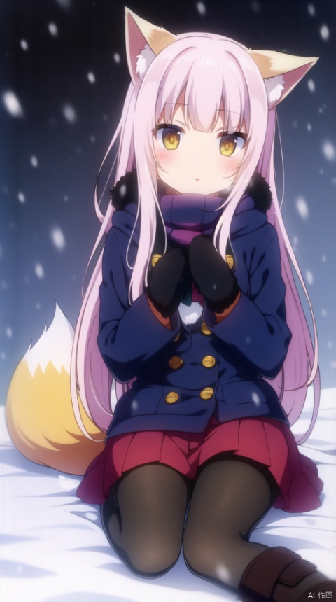 (best quality), ((masterpiece)), (highres), illustration, original, extremely detailed wallpaper.1girl, solo, animal ears, pantyhose, tail, coat, snow, yellow eyes, pink hair, skirt, sitting, long hair, black pantyhose, blush, mittens, snowing, boots, hood, winter clothes, fur trim, red skirt, pleated skirt, winter coat, hood down, fox tail, fox ears