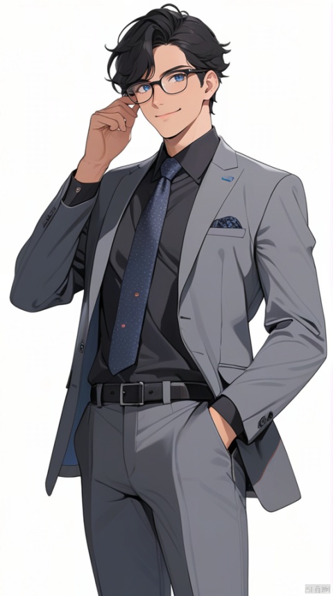  (best quality), ((masterpiece)), (highres), illustration, original, extremely detailed,jjj,solo, male focus, 1boy, necktie, glasses, adjusting eyewear, shirt, belt, white background, looking at viewer, simple background, pants, formal, blue eyes, black hair, grey jacket, long sleeves, smile, hand in pocket, suit, jacket, black belt, black shirt, dated, hand up, short hair, closed mouth, grey pants, collared shirt