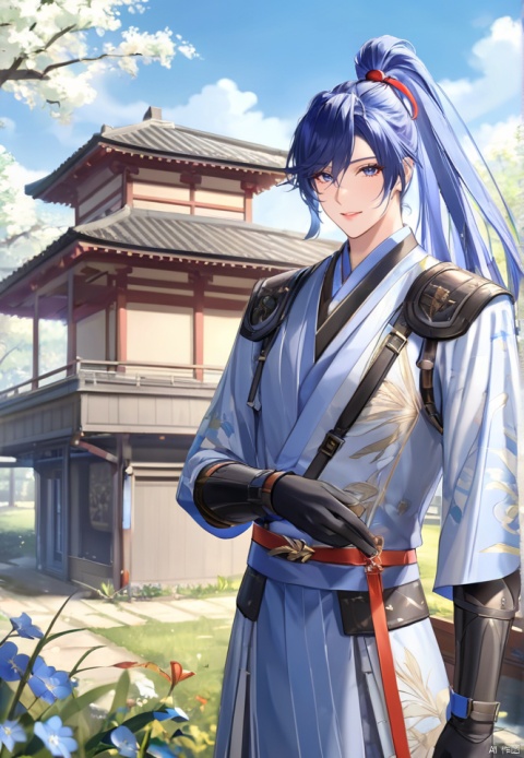  (best quality), ((masterpiece)), (highres), illustration, original, extremely detailed,yuan,male focus, outdoors, gloves, long hair, ponytail, black gloves, looking at viewer, blue hair, 2boys, high ponytail, bishounen, ribbon, blue eyes, day, grass, 1boy, architecture, blue sky, sky, multiple boys, east asian architecture, flower, armor, japanese clothes, chinese clothes