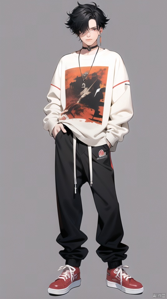 (best quality), ((masterpiece)), (highres), illustration, original, extremely detailed wallpaper.jjj, 1boy, male focus, red footwear, solo, shoes, white background, jewelry, pants, choker, full body, simple background, hair over one eye, black pants, earrings, hand in pocket, black hair, sneakers, necklace, standing, black choker, long sleeves, shirt