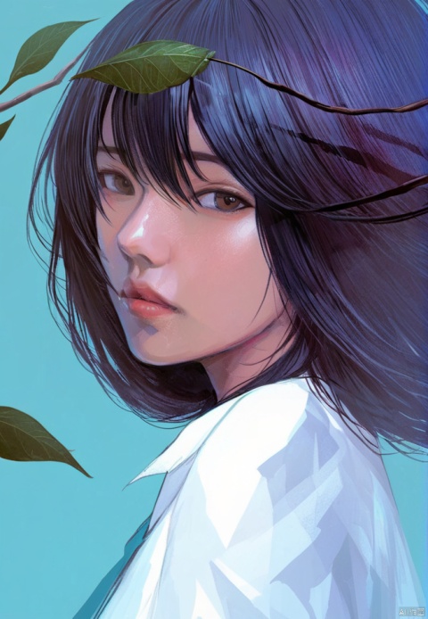  (best quality), ((masterpiece)), (highres), illustration, original, extremely detailed,1girl, solo, shirt, looking at viewer, white shirt, blue background, nose, black hair, collared shirt, wing collar, leaf, parted lips, lips, brown eyes, from side, closed mouth, portrait, medium hair, black eyes, looking to the side