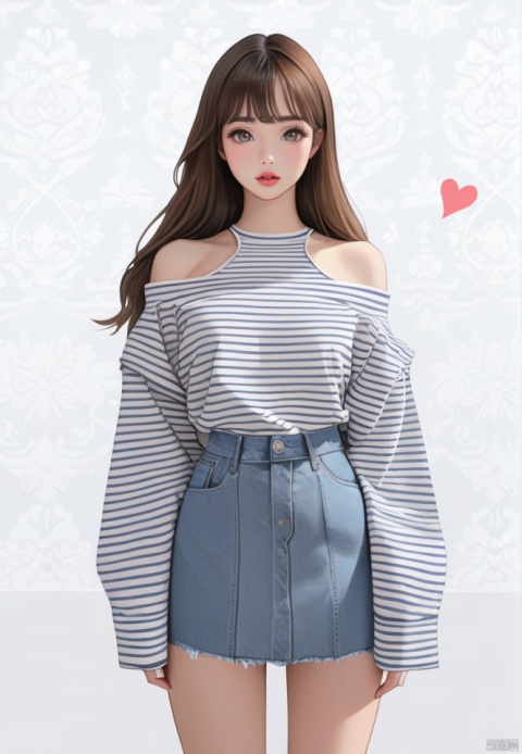(best quality), ((masterpiece)), (highres), illustration, original, extremely detailed wallpaper.1girl, solo, skirt, brown hair, long hair, white background, shirt, denim skirt, simple background, striped, denim, bare shoulders, off shoulder, parted lips, long sleeves, cowboy shot, striped shirt, grey eyes, sleeves past wrists, bangs, standing, heart, lips, white shirt