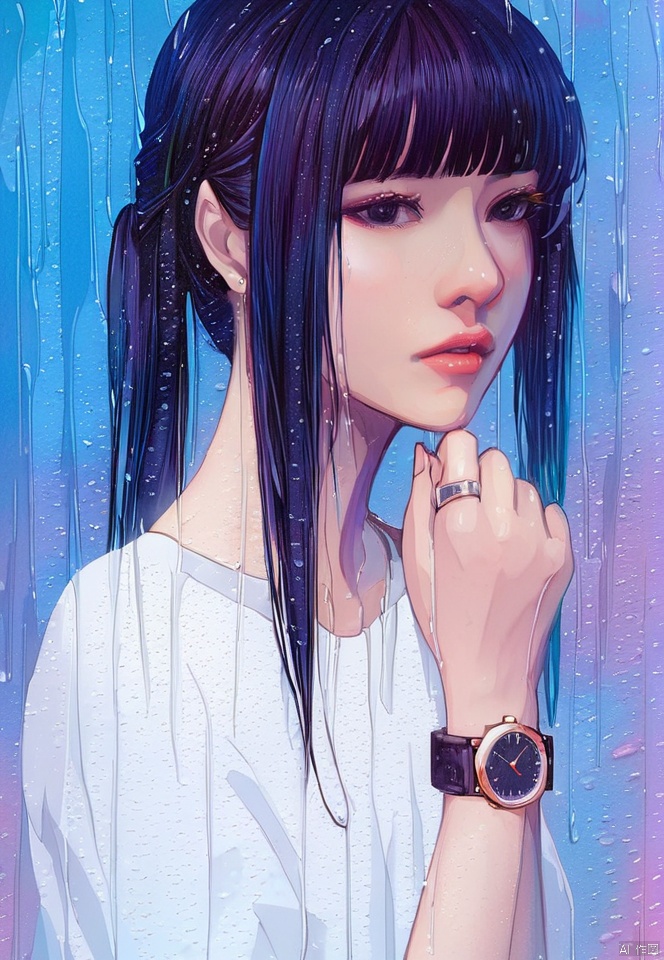  (best quality), ((masterpiece)), (highres), illustration, original, extremely detailed,1girl, solo, wristwatch, watch, looking at viewer, shirt, black hair, nose, white shirt, upper body, rain, parted lips, bangs, blunt bangs, lips, blue background, black eyes