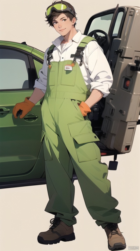 (best quality), ((masterpiece)), (highres), illustration, original, extremely detailed wallpaper.jjj, solo, gloves, 1boy, male focus, white background, hand in pocket, brown footwear, goggles, green gloves, simple background, brown hair, shirt, brown eyes, white shirt, dark skin, short hair, jumpsuit, full body, overalls, goggles on head, standing, grey gloves, shoes, smile, looking at viewer