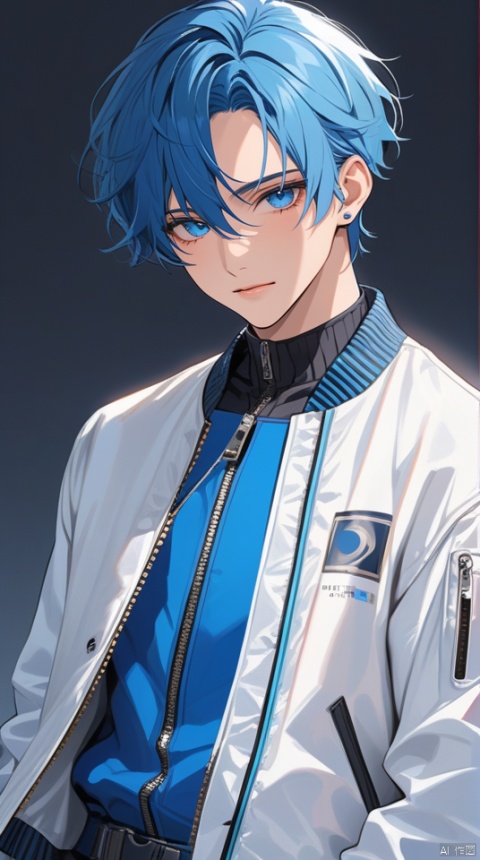  (best quality), ((masterpiece)), (highres), illustration, original, extremely detailed,jjj, 1boy, male focus, solo, blue eyes, blue hair, shirt, looking at viewer, jacket, upper body, white jacket, bangs, open clothes