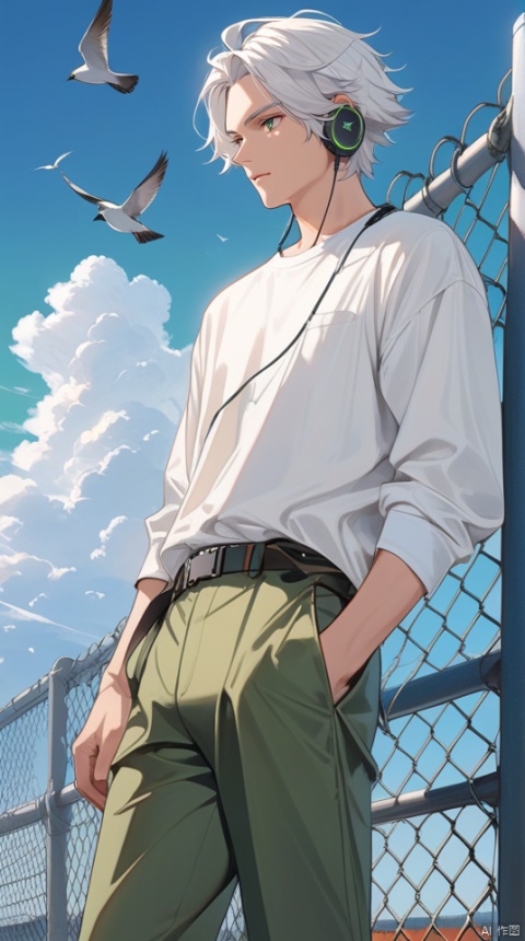  (best quality), ((masterpiece)), (highres), illustration, original, extremely detailed,jjj,1boy, male focus, solo, outdoors, sky, green eyes, hand in pocket, shirt, earphones, cloud, artist name, bird, day, belt, pants, white hair, fence, earbuds, white shirt, long sleeves, looking to the side