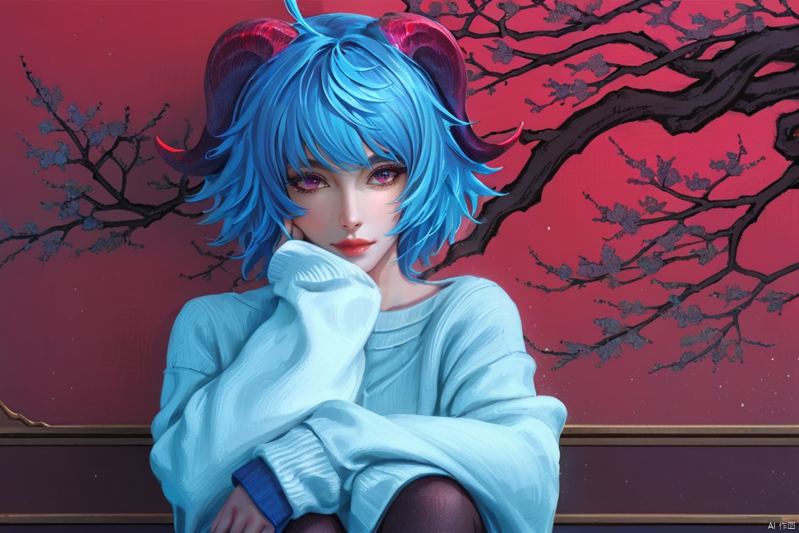  (best quality), ((masterpiece)), (highres), illustration, original, extremely detailed,lll, 1girl, horns, ganyu \(genshin impact\), blue hair, solo, ahoge, looking at viewer, sleeves past wrists, blue eyes, goat horns, short hair, bangs, lips, sweater, realistic, long sleeves