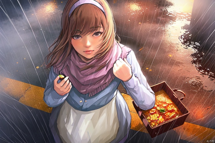  (best quality), ((masterpiece)), (highres), illustration, original, extremely detailed,1girl, solo, rain, scarf, hairband, looking at viewer, brown hair, holding, outdoors, from above, long hair, apron, long sleeves
