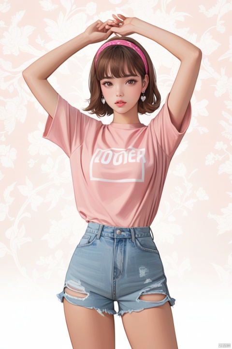 (best quality), ((masterpiece)), (highres), illustration, original, extremely detailed wallpaper.1girl, solo, brown hair, pink shirt, shirt, shorts, shirt tucked in, white background, simple background, hairband, denim, pink hairband, short hair, torn clothes, parted lips, looking at viewer, denim shorts, arms up, bangs, earrings, cowboy shot, lips, short sleeves, brown eyes