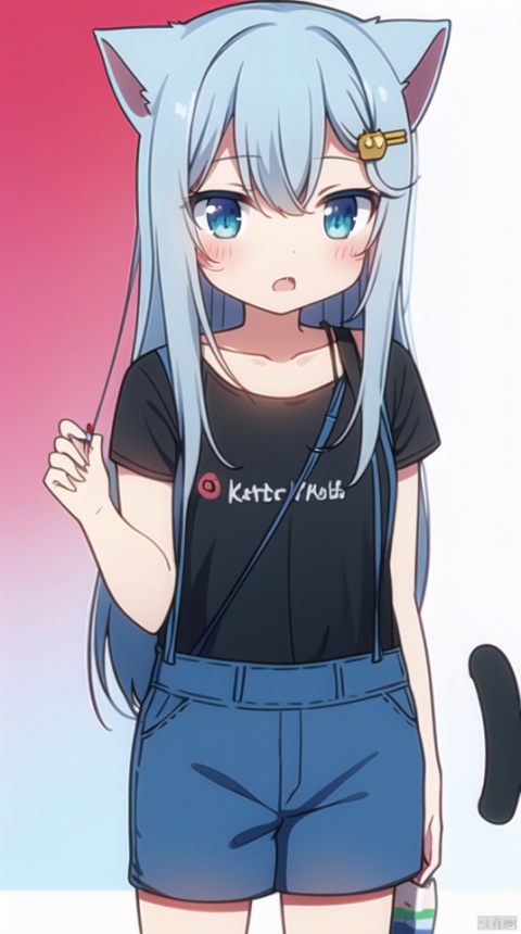 (best quality), ((masterpiece)), (highres), illustration, original, extremely detailed wallpaper.solo, 1girl, shoulder bag, overalls, animal ears, bangs, shirt, grey hair, hair ornament, bag, blue eyes, short sleeves, long hair, tail, cat ears, holding, black shirt, looking at viewer, overall shorts, collarbone, hairclip, heart, cat tail, hair between eyes, cat girl, holding can, cat print, open mouth, blush, can, gradient background, gradient, fang