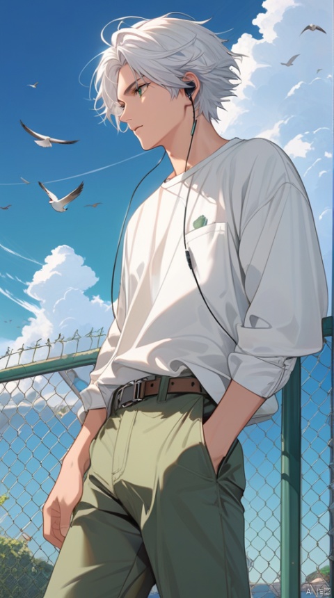  (best quality), ((masterpiece)), (highres), illustration, original, extremely detailed,jjj,1boy, male focus, solo, outdoors, sky, green eyes, hand in pocket, shirt, earphones, cloud, artist name, bird, day, belt, pants, white hair, fence, earbuds, white shirt, long sleeves, looking to the side