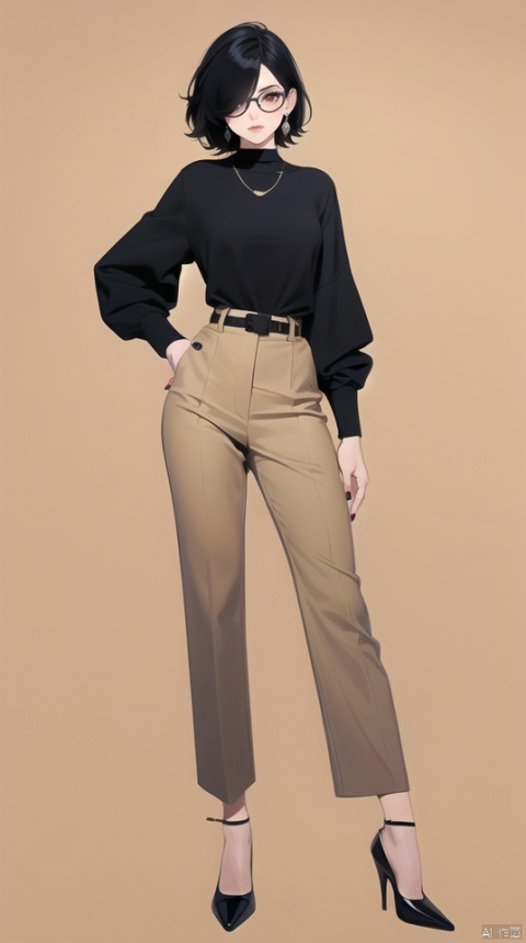 (best quality), ((masterpiece)), (highres), illustration, original, extremely detailed wallpaper.ooo, 1girl, solo, hair over one eye, glasses, jewelry, black footwear, earrings, black hair, short hair, full body, white background, simple background, mole under mouth, red eyes, pants, high-waist pants, looking at viewer, mole, breasts, nail polish, shirt tucked in, round eyewear, shirt, brown shirt, high heels, brown pants, long sleeves, belt