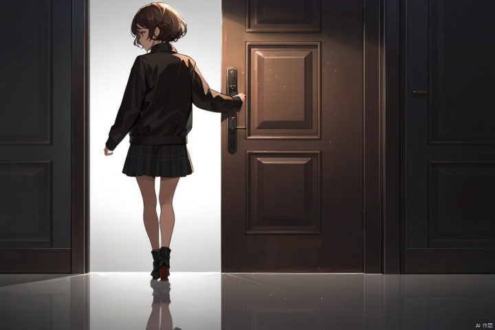  (best quality), ((masterpiece)), (highres), illustration, original, extremely detailed,ccc, 1girl, solo, short hair, looking back, holding, door, long sleeves, jacket, standing, looking at viewer, brown hair, reflective floor, skirt, black jacket