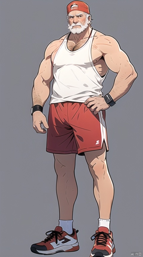 (best quality), ((masterpiece)), (highres), illustration, original, extremely detailed wallpaper.jjj, solo, 1boy, male focus, shorts, arm hair, muscular, bara, muscular male, mature male, facial hair, full body, chest hair, leg hair, hat, shoes, pectorals, tank top, old man, beard, white hair, hairy, thick eyebrows, old, wristband, hand on hip, white background, socks, short hair, backwards hat, bare shoulders, sneakers, bare arms, red shorts, standing, dirty, towel around neck, simple background, mustache, looking at viewer, large pectorals