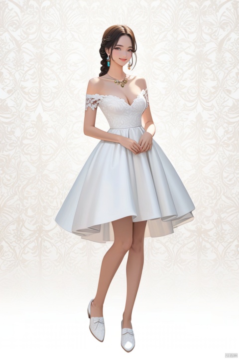 (best quality), ((masterpiece)), (highres), illustration, original, extremely detailed wallpaper.1girl, solo, long hair, dress, jewelry, white background, white dress, earrings, white footwear, off-shoulder dress, simple background, full body, shoes, bare shoulders, smile, off shoulder, holding, breasts, necklace, standing, brown hair, black hair, collarbone, braid, short sleeves, medium breasts