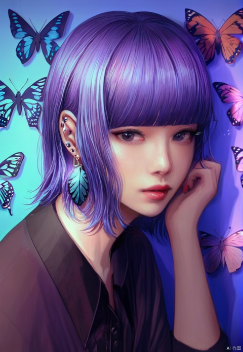  (best quality), ((masterpiece)), (highres), illustration, original, extremely detailed,1girl, solo, bug, butterfly, earrings, shirt, jewelry, looking at viewer, bangs, collared shirt, piercing, blunt bangs, ear piercing, short hair, black eyes, black shirt, hand up, upper body, head rest, lips
