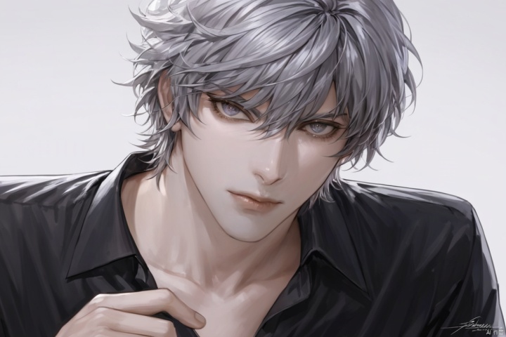  (best quality), ((masterpiece)), (highres), illustration, original, extremely detailed,solo, 1boy, male focus, looking at viewer, short hair, white background, shirt, grey eyes, simple background, holding, grey hair, upper body, hair between eyes, collared shirt, closed mouth, black shirt, signature, bangs