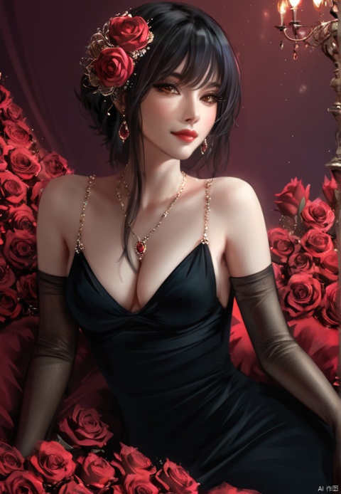  (best quality), ((masterpiece)), (highres), illustration, original, extremely detailed,lll, 1girl, breasts, dress, jewelry, flower, rose, yor briar, black dress, solo, red eyes, black hair, earrings, necklace, cleavage, gloves, hair flower, hair ornament, elbow gloves, mole, red lips, red rose, red flower, mole on breast, parted lips, medium breasts, gold earrings, bare shoulders, short hair with long locks, sidelocks, looking at viewer, sitting