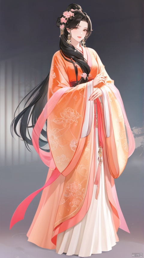  (best quality), ((masterpiece)), (highres), illustration, original, extremely detailed,yuan, 1girl, solo, white background, long hair, hanfu, hair ornament, flower, chinese clothes, simple background, hair flower, long sleeves, hair over shoulder, black hair, looking at viewer, jewelry, full body, standing, earrings, wide sleeves, pink flower