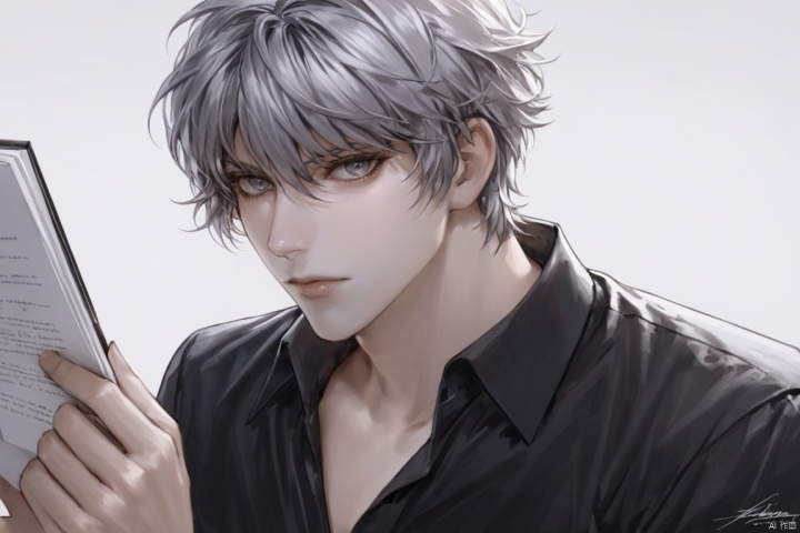  (best quality), ((masterpiece)), (highres), illustration, original, extremely detailed,solo, 1boy, male focus, looking at viewer, short hair, white background, shirt, grey eyes, simple background, holding, grey hair, upper body, hair between eyes, collared shirt, closed mouth, black shirt, signature, bangs