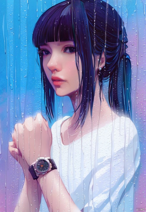  (best quality), ((masterpiece)), (highres), illustration, original, extremely detailed,1girl, solo, wristwatch, watch, looking at viewer, shirt, black hair, nose, white shirt, upper body, rain, parted lips, bangs, blunt bangs, lips, blue background, black eyes