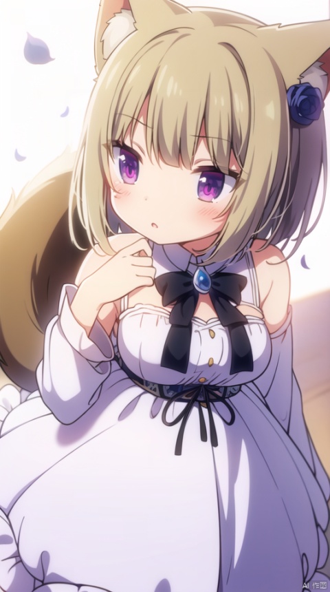 (best quality), ((masterpiece)), (highres), illustration, original, extremely detailed wallpaper.solo, 1girl, flower, purple eyes, white background, hair flower, hair ornament, breasts, animal ears, tail, parted lips, bare shoulders, detached sleeves, long sleeves, bow, black bow, puffy sleeves, looking away, dress, bangs, hand up, blush, simple background, sleeveless, petals, brown hair, white dress, white sleeves, rose, frills, grey dress, puffy long sleeves, black flower, sleeveless dress, medium breasts, fox tail, animal ear fluff, sleeves past wrists, blue flower, fox ears, short hair