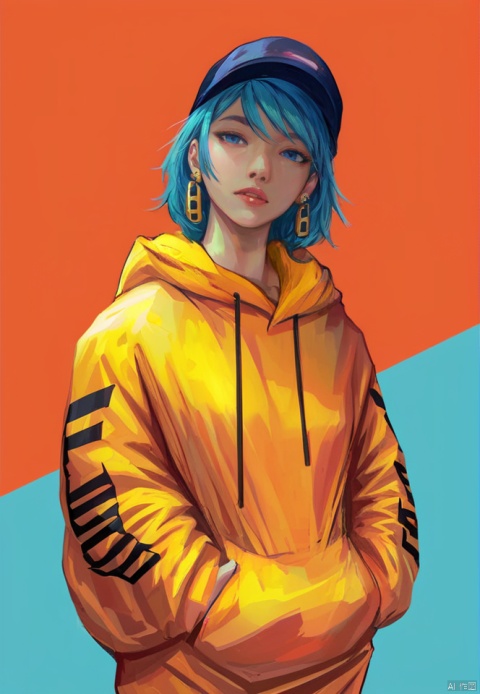  (best quality), ((masterpiece)), (highres), illustration, original, extremely detailed,1girl, solo, hood, hoodie, earrings, hat, hood down, jewelry, red background, simple background, hands in pockets, drawstring, looking at viewer, parted lips, blue eyes, yellow hoodie, short hair, aqua hair, orange background, upper body, long sleeves, blue hair