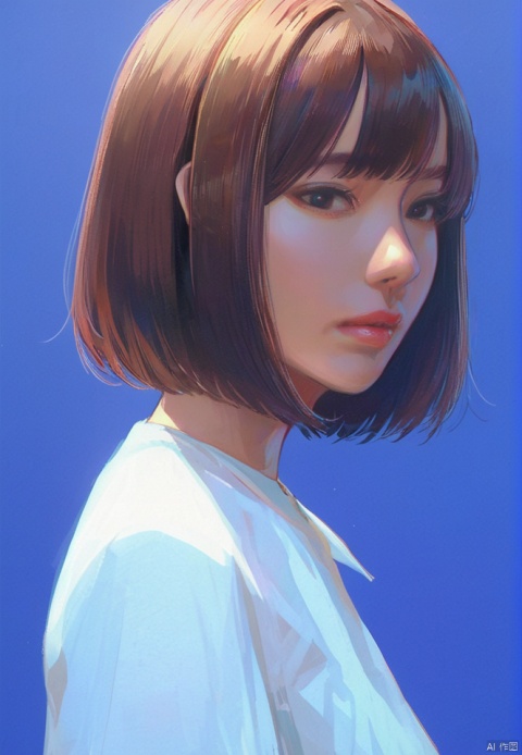 (best quality), ((masterpiece)), (highres), illustration, original, extremely detailed,1girl, solo, shirt, blue background, looking at viewer, white shirt, short hair, simple background, parted lips, brown hair, from side, bangs, upper body, bob cut, looking to the side, black eyes, short sleeves, lips