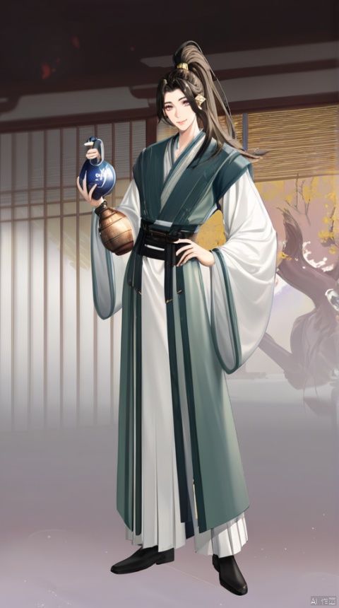  (best quality), ((masterpiece)), (highres), illustration, original, extremely detailed,yuan, 1boy, solo, male focus, white background, full body, simple background, long hair, hand on hip, chinese clothes, standing, long sleeves, gourd, hanfu, looking at viewer, high ponytail, wide sleeves, smile, black footwear, ponytail, black hair, closed mouth
