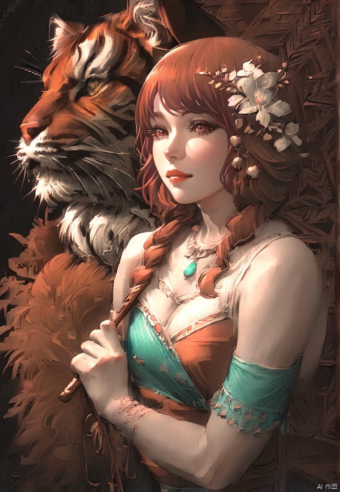  (best quality), ((masterpiece)), (highres), illustration, original, extremely detailed,yyy, 1girl, flower, solo, hair ornament, jewelry, feathers, tiger, red hair, necklace, long hair, lips, bare shoulders, hair flower, brown eyes, detached sleeves, brown hair