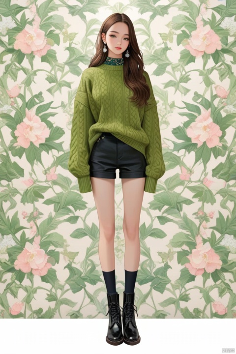 (best quality), ((masterpiece)), (highres), illustration, original, extremely detailed wallpaper.1girl, solo, black footwear, long hair, earrings, jewelry, sweater, brown hair, full body, long sleeves, sleeves past wrists, simple background, shorts, black socks, green sweater, white background, socks, standing, shirt, black shorts, boots