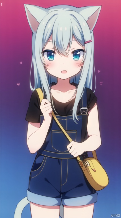 (best quality), ((masterpiece)), (highres), illustration, original, extremely detailed wallpaper.solo, 1girl, shoulder bag, overalls, animal ears, bangs, shirt, grey hair, hair ornament, bag, blue eyes, short sleeves, long hair, tail, cat ears, holding, black shirt, looking at viewer, overall shorts, collarbone, hairclip, heart, cat tail, hair between eyes, cat girl, holding can, cat print, open mouth, blush, can, gradient background, gradient, fang