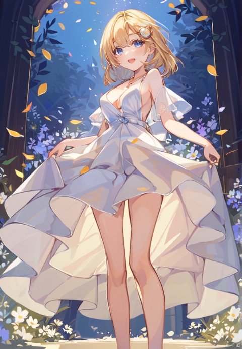  (best quality), ((masterpiece)), (highres), illustration, original, extremely detailed,kkk, 1girl, blonde hair, watson amelia, solo, blue eyes, virtual youtuber, breasts, hair ornament, dress, open mouth, smile, white dress, petals, bob cut, skirt hold, flower, monocle hair ornament, looking at viewer, jewelry, bangs, medium hair, cleavage, blush, medium breasts, standing