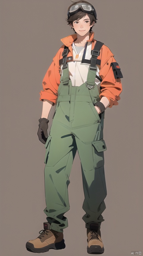 (best quality), ((masterpiece)), (highres), illustration, original, extremely detailed wallpaper.jjj, solo, gloves, 1boy, male focus, white background, hand in pocket, brown footwear, goggles, green gloves, simple background, brown hair, shirt, brown eyes, white shirt, dark skin, short hair, jumpsuit, full body, overalls, goggles on head, standing, grey gloves, shoes, smile, looking at viewer