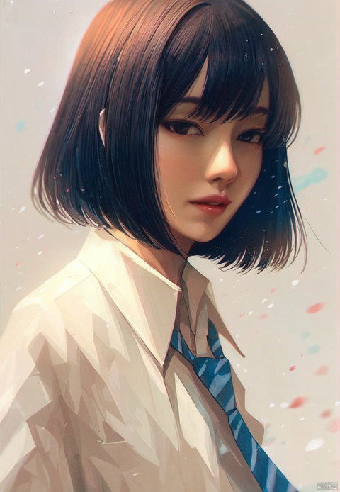  (best quality), ((masterpiece)), (highres), illustration, original, extremely detailed,1girl, solo, shirt, necktie, looking at viewer, white shirt, wing collar, nose, parted lips, collared shirt, upper body, blue necktie, striped necktie, black hair, short hair, striped, blurry, diagonal stripes, black eyes, lips, from side, school uniform, bob cut, depth of field