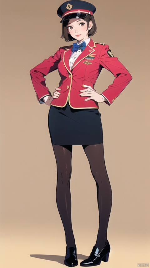 (best quality), ((masterpiece)), (highres), illustration, original, extremely detailed wallpaper.ooo, 1girl, solo, pantyhose, skirt, short hair, hat, white background, jacket, full body, simple background, uniform, brown eyes, hands on hips, looking at viewer, long sleeves, smile, shoes, black pantyhose, standing, black footwear, shirt, pencil skirt, striped shirt, red jacket, black skirt, brown hair, miniskirt