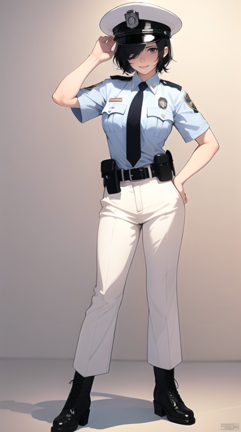 (best quality), ((masterpiece)), (highres), illustration, original, extremely detailed wallpaper.ooo, 1girl, solo, hat, necktie, white background, uniform, simple background, black footwear, short hair, black hair, one eye closed, full body, shirt, belt, pants, white headwear, looking at viewer, white shirt, hand on hip, white pants, smile, short sleeves, breast pocket, pocket, peaked cap, closed mouth, bangs, police, standing, black necktie, adjusting clothes, holster, police uniform, black belt, breasts, collared shirt, boots