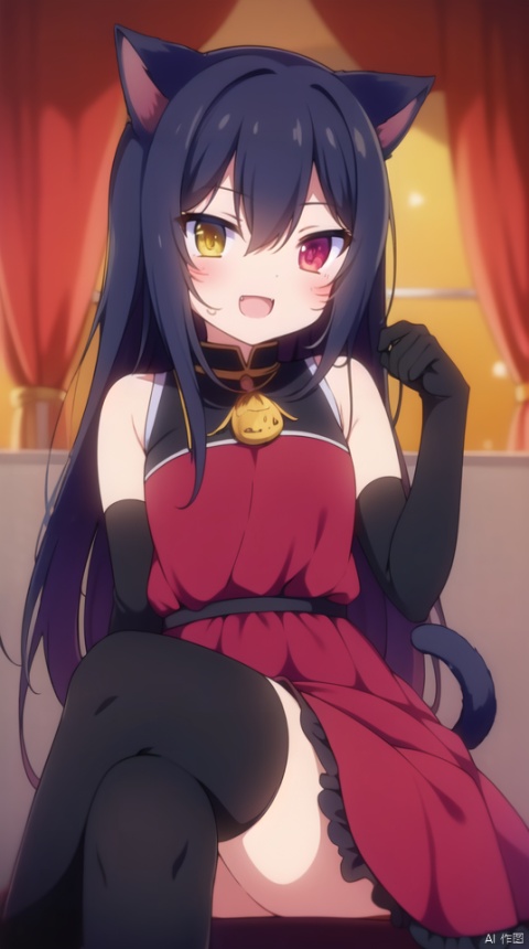 (best quality), ((masterpiece)), (highres), illustration, original, extremely detailed wallpaper.1girl, solo, animal ears, gloves, elbow gloves, cat ears, long hair, heterochromia, thighhighs, smile, black hair, bow, red eyes, :d, crossed legs, hair bow, red bow, dress, red dress, looking at viewer, black gloves, cat girl, cat tail, bangs, open mouth, blurry, sleeveless, yellow eyes, fang, black thighhighs, hand up, blurry foreground, sitting, bare shoulders, tail, depth of field, sleeveless dress, hand on own knee, facial mark, blush, black bow, feet out of frame, hair between eyes, brown gloves