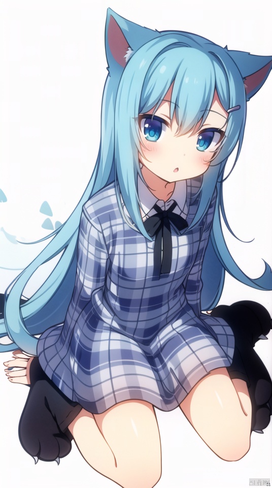 (best quality), ((masterpiece)), (highres), illustration, original, extremely detailed wallpaper.1girl, solo, animal hands, cat ears, paw gloves, animal ears, blue hair, cat tail, white background, blue eyes, long hair, long sleeves, cat girl, tail, dress, gloves, hair ornament, wariza, bangs, sitting, simple background, looking at viewer, black footwear, grey dress, shoes, very long hair, plaid, blush, hand up, paw shoes, parted lips, plaid dress, hairclip, cat paws, collared dress, hair between eyes, bow, :o, fang, black ribbon, ribbon, full body