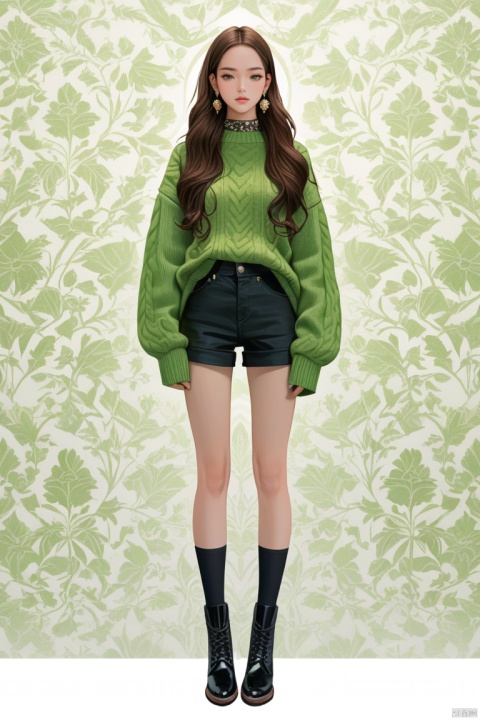 (best quality), ((masterpiece)), (highres), illustration, original, extremely detailed wallpaper.1girl, solo, black footwear, long hair, earrings, jewelry, sweater, brown hair, full body, long sleeves, sleeves past wrists, simple background, shorts, black socks, green sweater, white background, socks, standing, shirt, black shorts, boots