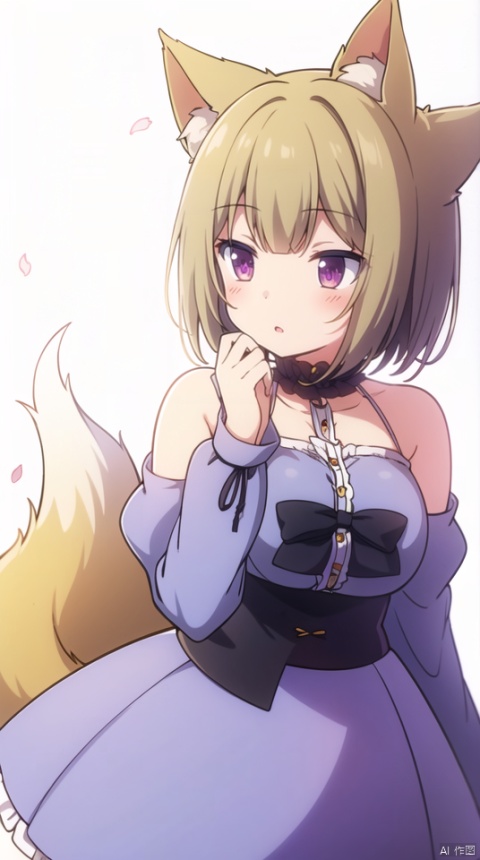 (best quality), ((masterpiece)), (highres), illustration, original, extremely detailed wallpaper.solo, 1girl, flower, purple eyes, white background, hair flower, hair ornament, breasts, animal ears, tail, parted lips, bare shoulders, detached sleeves, long sleeves, bow, black bow, puffy sleeves, looking away, dress, bangs, hand up, blush, simple background, sleeveless, petals, brown hair, white dress, white sleeves, rose, frills, grey dress, puffy long sleeves, black flower, sleeveless dress, medium breasts, fox tail, animal ear fluff, sleeves past wrists, blue flower, fox ears, short hair