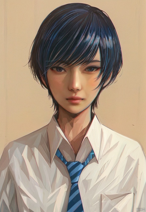 (best quality), ((masterpiece)), (highres), illustration, original, extremely detailed,1girl, solo, wing collar, shirt, necktie, collared shirt, looking at viewer, white shirt, blue necktie, nose, striped necktie, upper body, short hair, closed mouth, black hair, diagonal stripes, striped