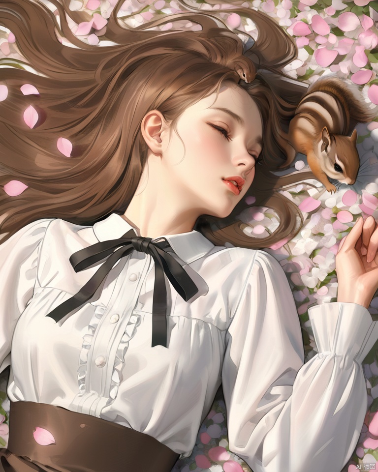  (best quality), ((masterpiece)), (highres), illustration, original, extremely detailed, 1girl, lying, on back, solo, brown hair, long hair, closed eyes, parted lips, shirt, white shirt, ribbon, neck ribbon, lips, long sleeves, animal, dress, black ribbon, flower, squirrel, realistic, upper body, petals